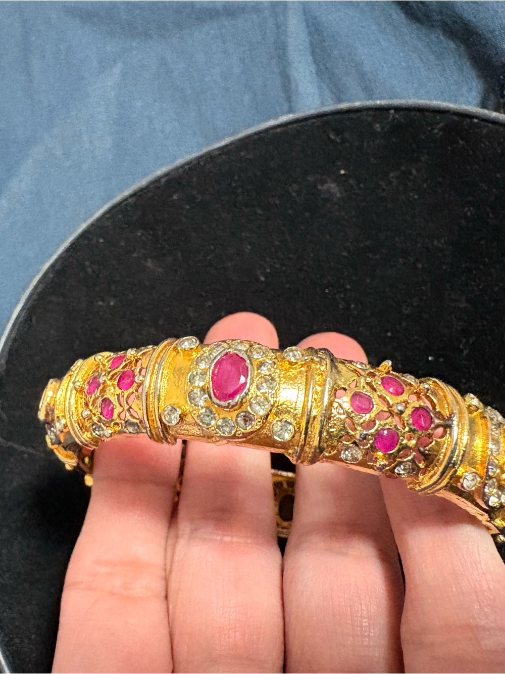 Gold-Tone Pink Stone Hinged Bracelet